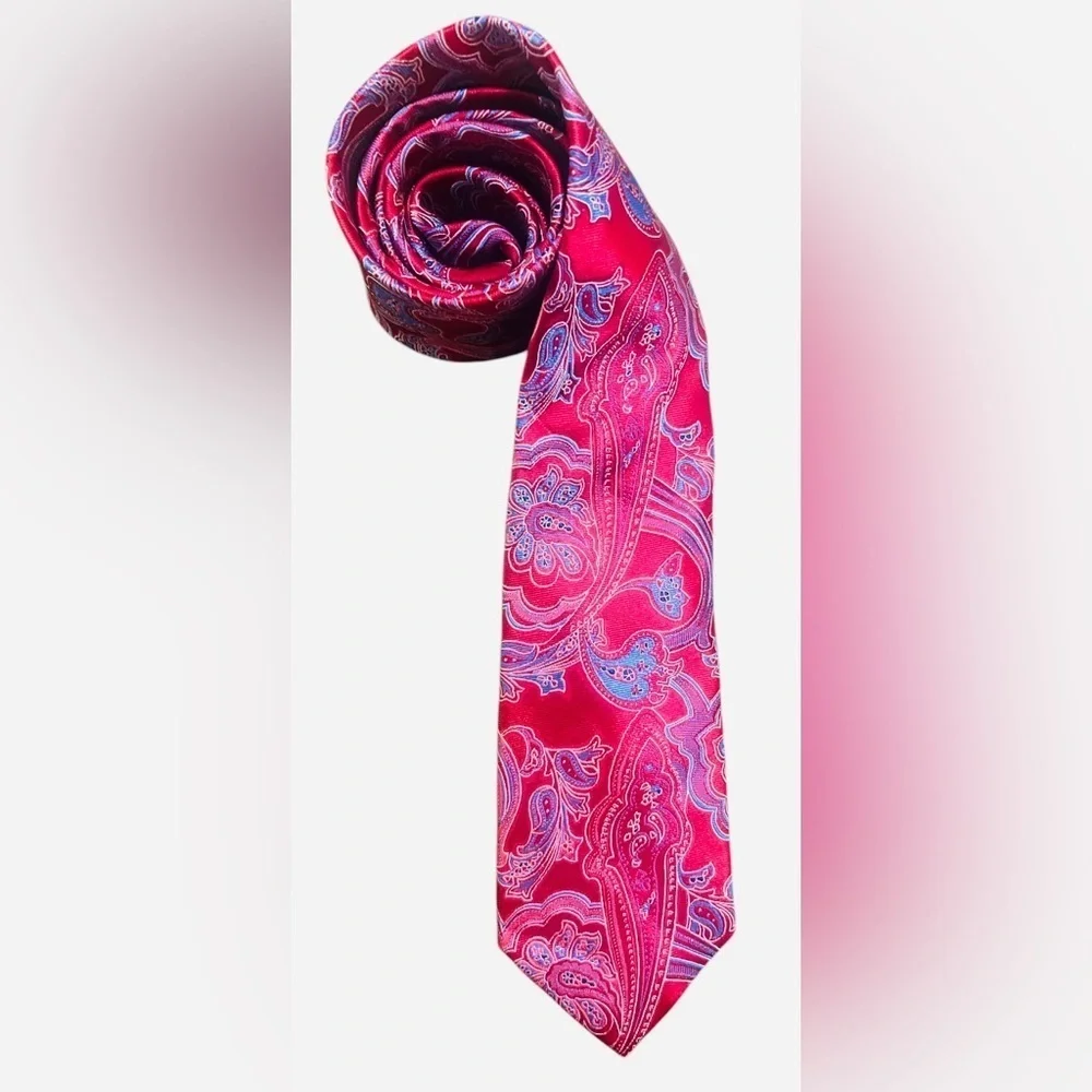 DONALD J TRUMP- Vibrant Paisley Silk Tie -  RED Pink and Blue